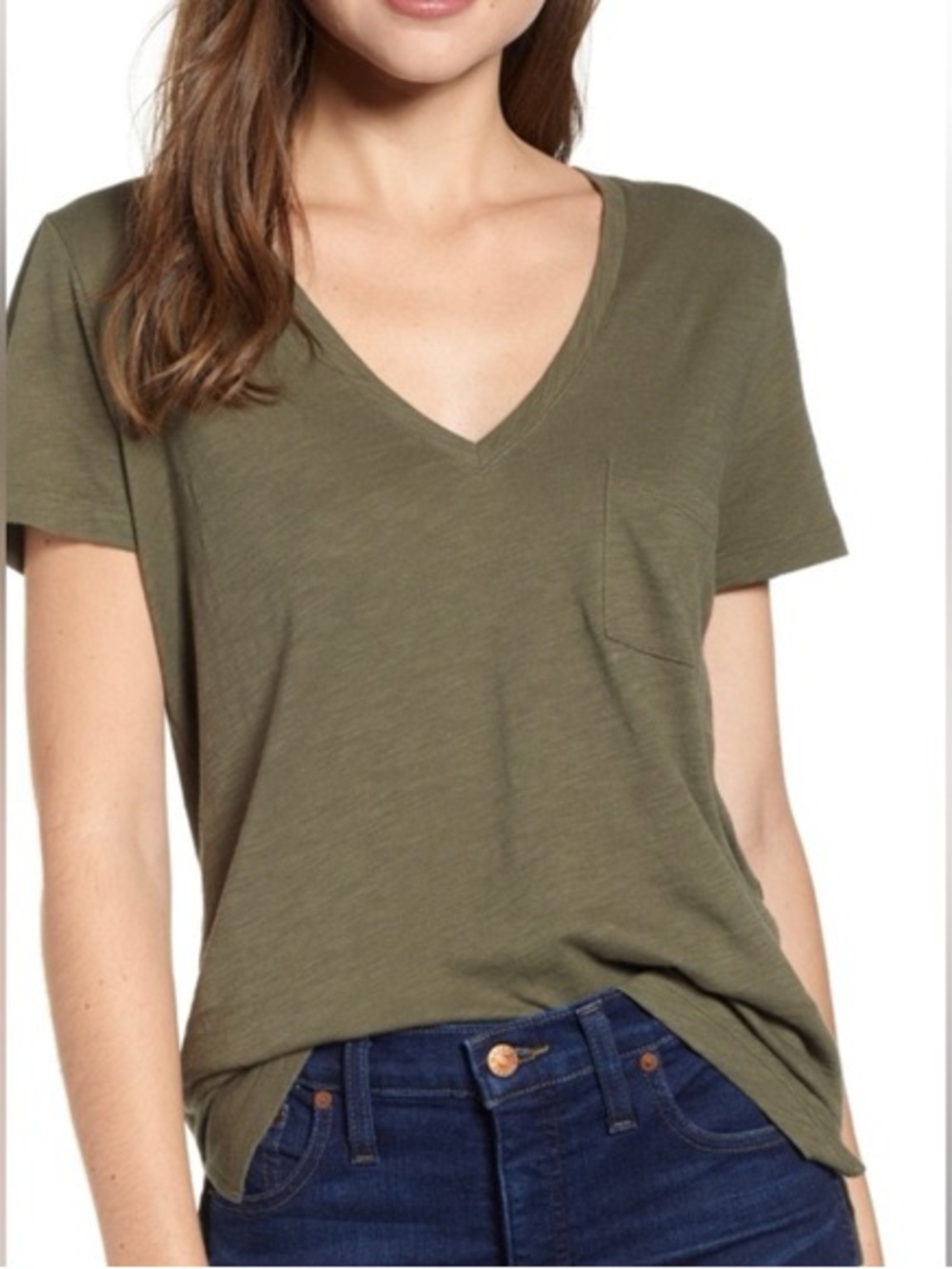J. Crew Olive Green Linen V-Neck Pocket Tee - Size S